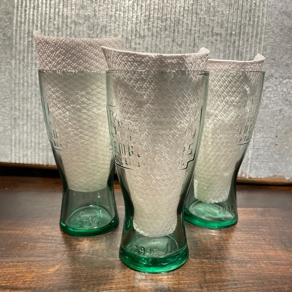 3 Bundle Vintage Famous 15 cent Hamburger McDonalds 1948 Green Glass‎ Cup